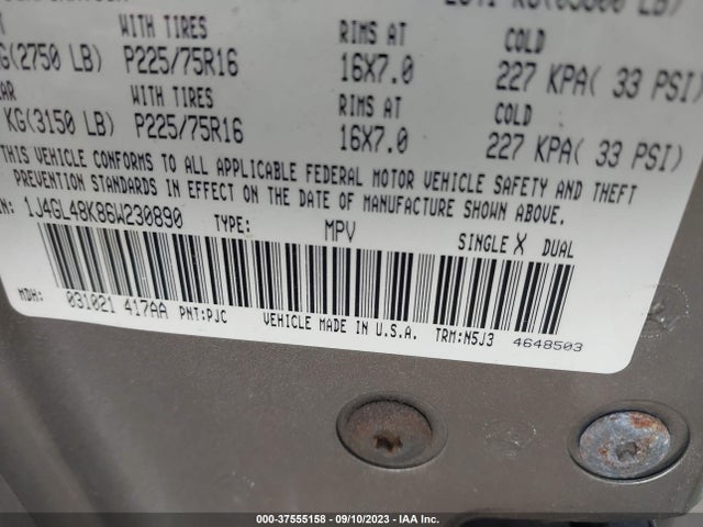 2006 JEEP LIBERTY SPORT VIN: 1J4GL48K86W230890