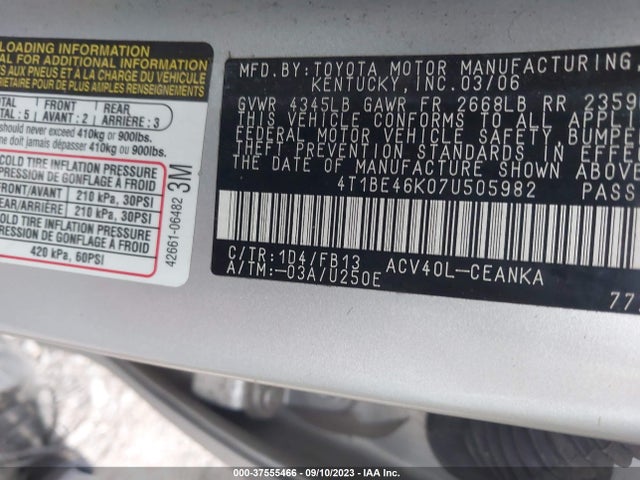 2007 TOYOTA CAMRY CE/LE/SE/XLE VIN: 4T1BE46K07U505982