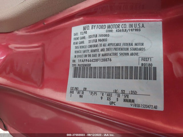 1999 FORD MUSTANG VIN: 1FAFP4442XF128876