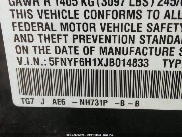Honda PILOT LX 2018 5FNYF6H1XJB014833 Image 9