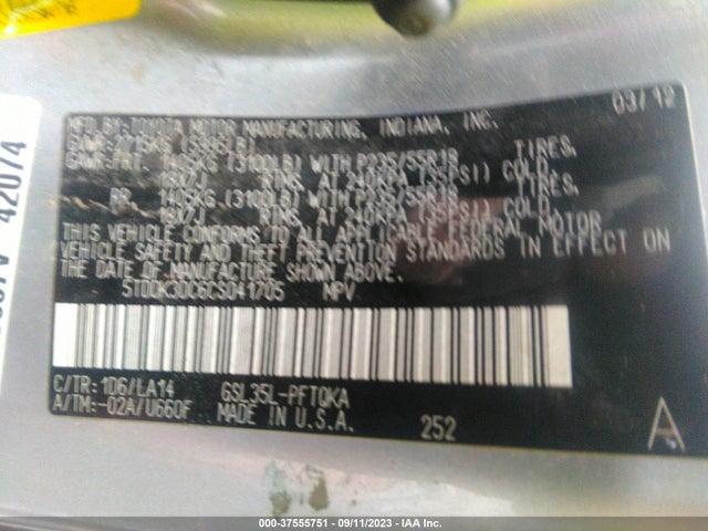 2012 TOYOTA SIENNA XLE/LTD VIN: 5TDDK3DC6CS041705