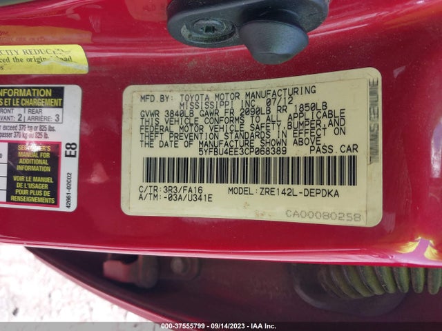 2012 TOYOTA COROLLA L/LE/S VIN: 5YFBU4EE3CP068389