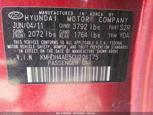2012 HYUNDAI ELANTRA GLS VIN: KMHDH4AE5CU206175