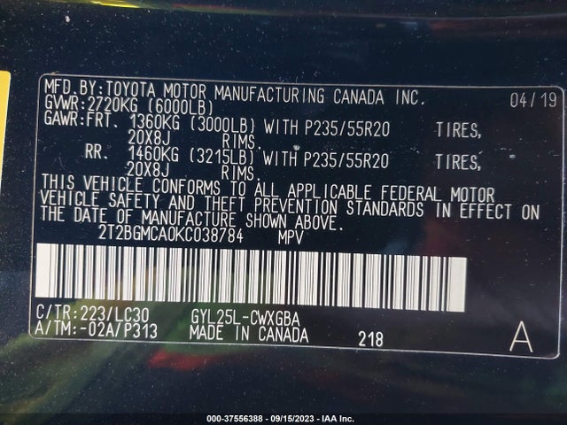 2019 Lexus RX, VIN: 2T2BGMCA0KC038784