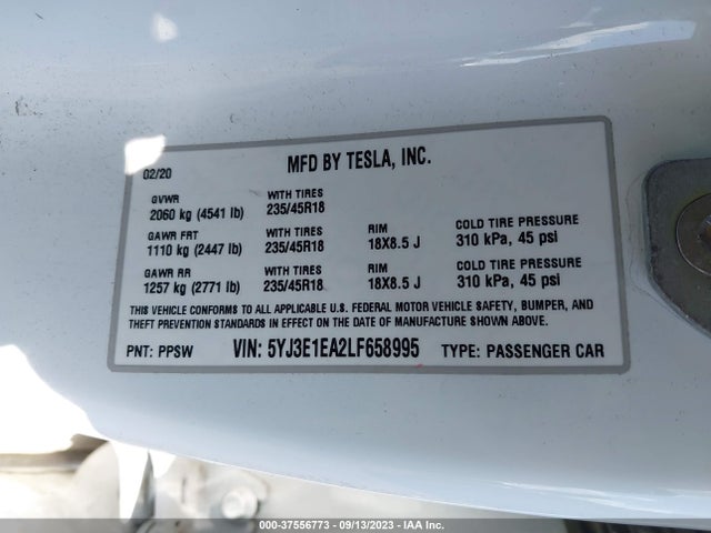 2020 Tesla 3, VIN: 5YJ3E1EA2LF658995