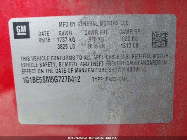 Chevrolet CRUZE LT 2016 1G1BE5SM5G7278412 Image 9