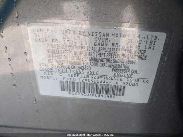 Продажа на аукционе авто 2019 Nissan Kicks Sv, vin: 3N1CP5CUXKL543420, номер лота: 37556939