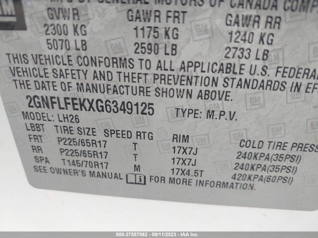 2016 CHEVROLET EQUINOX LT VIN: 2GNFLFEKXG6349125