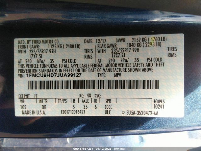 1FMCU9HD7JUA99127 Ford ESCAPE SEL
