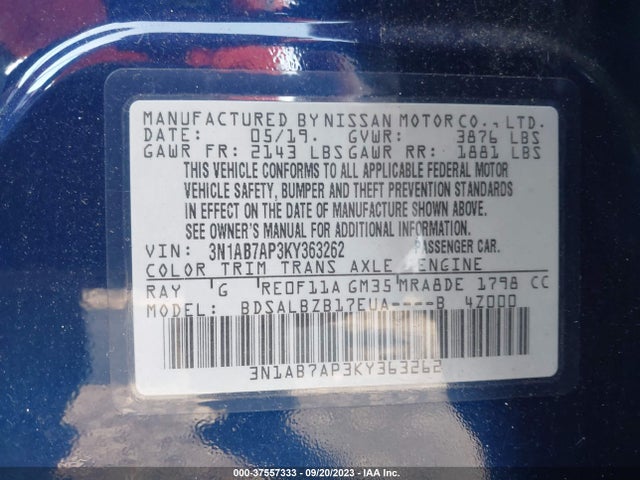 Nissan SENTRA S 2019 3N1AB7AP3KY363262 Image 9