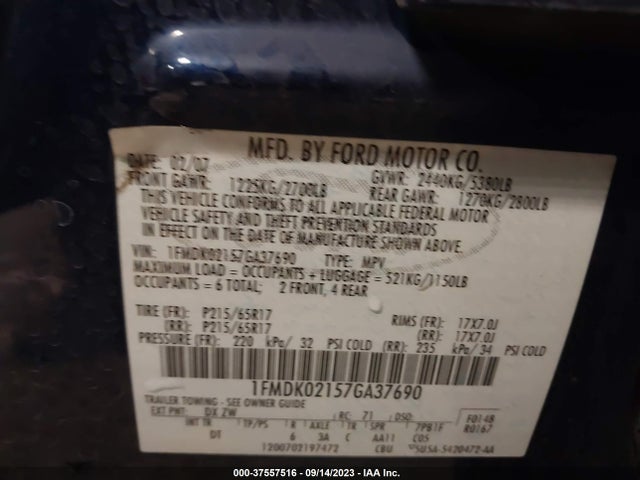 2007 FORD FREESTYLE SEL VIN: 1FMDK02157GA37690