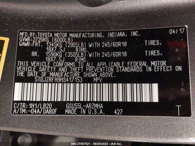 Toyota Highlander Xle/se 2017 5TDJZRFH9HS417153 Image 9
