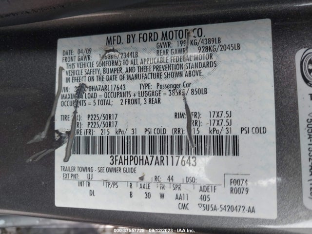 2010 FORD FUSION SE VIN: 3FAHP0HA7AR117643