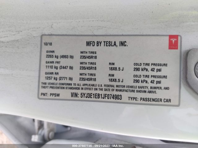 5YJ3E1EB1JF074903 Tesla Model 3 Long Range