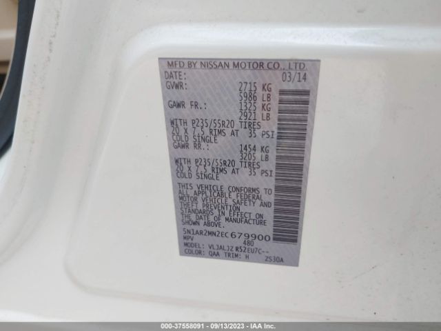 5N1AR2MN2EC679900 Nissan Pathfinder Platinum