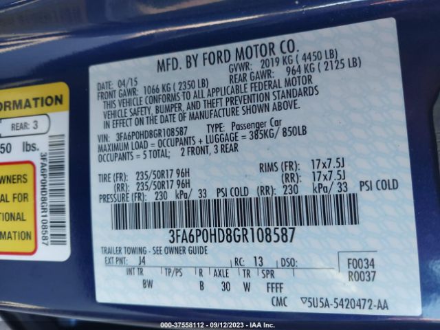 3FA6P0HD8GR108587 Ford FUSION SE