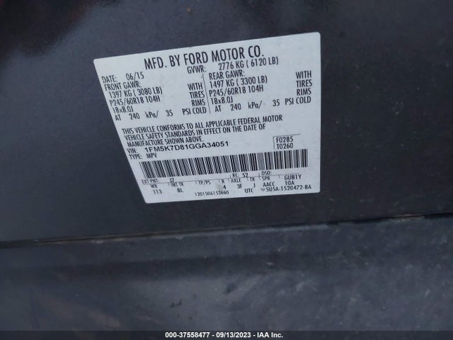 2016 FORD EXPLORER XLT VIN: 1FM5K7D81GGA34051