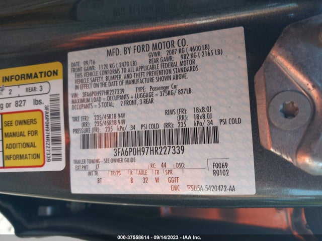 2017 FORD FUSION SE VIN: 3FA6P0H97HR227339
