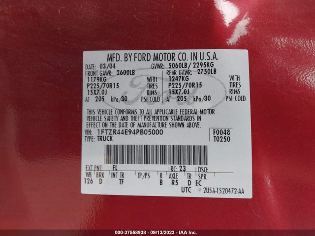 2004 FORD RANGER XLT APPEARANCE VIN: 1FTZR44E94PB05000