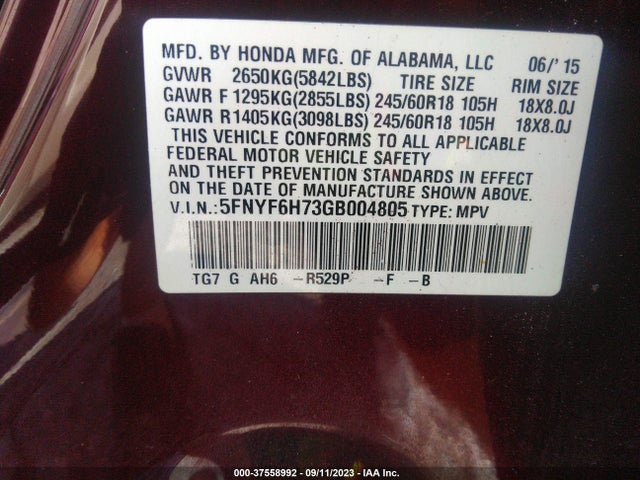 Honda Pilot Ex-l 2016 5FNYF6H73GB004805 Image 9