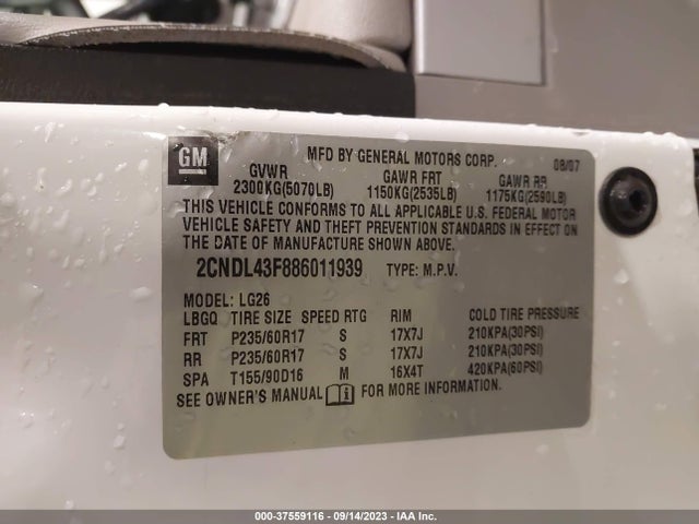 2008 CHEVROLET EQUINOX LT VIN: 2CNDL43F886011939
