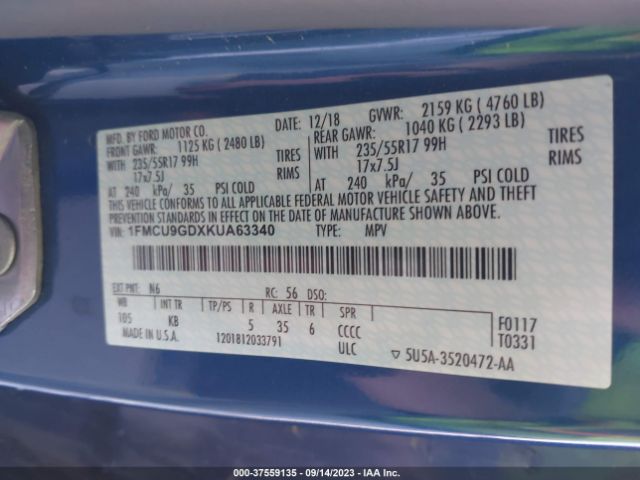 1FMCU9GDXKUA63340 Ford ESCAPE SE