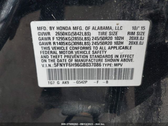 5FNYF6H96GB037086 Honda Pilot Touring