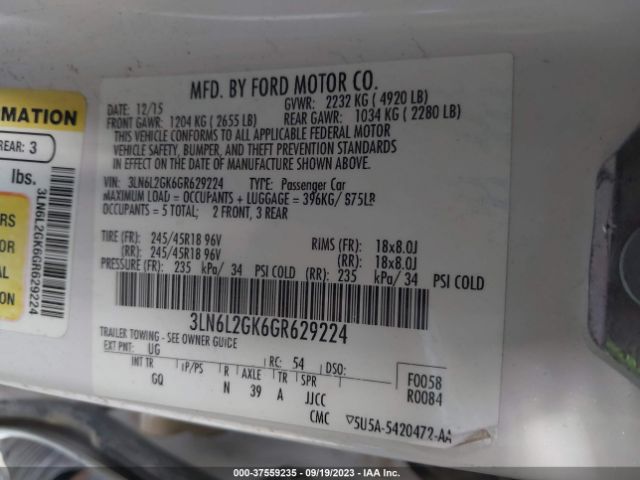 3LN6L2GK6GR629224 Lincoln MKZ