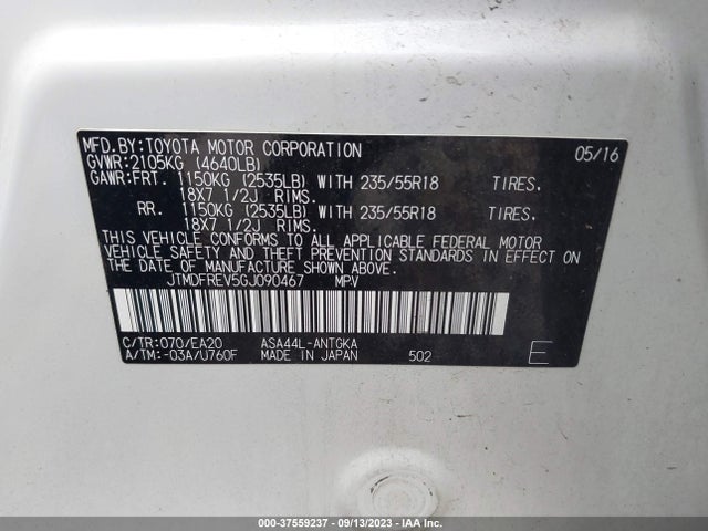 Toyota Rav4 Limited 2016 JTMDFREV5GJ090467 Image 9