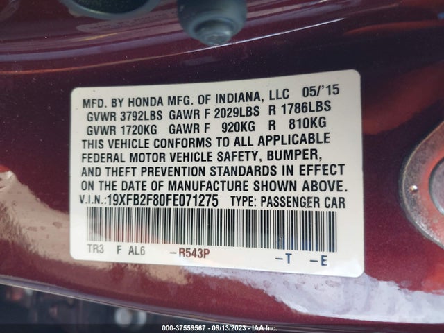 Honda CIVIC EX 2015 19XFB2F80FE071275 Image 9