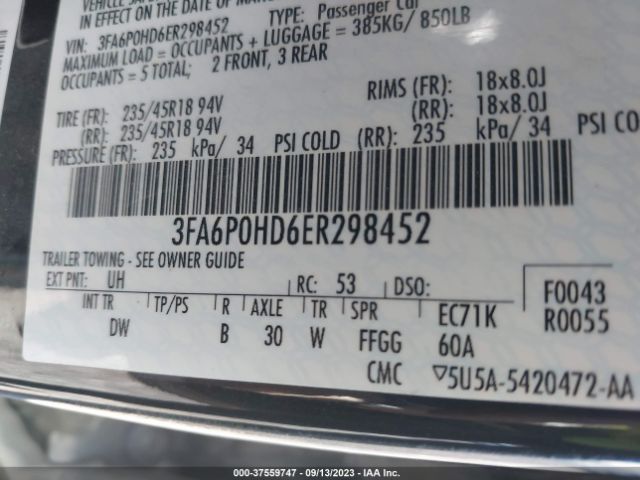 3FA6P0HD6ER298452 Ford FUSION SE