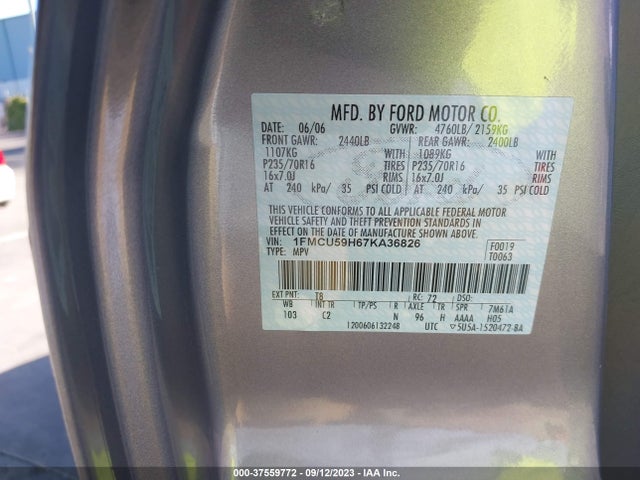 2007 FORD ESCAPE HYBRID VIN: 1FMCU59H67KA36826