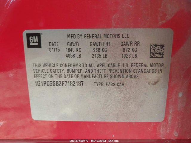 2015 CHEVROLET CRUZE LT VIN: 1G1PC5SB3F7182187