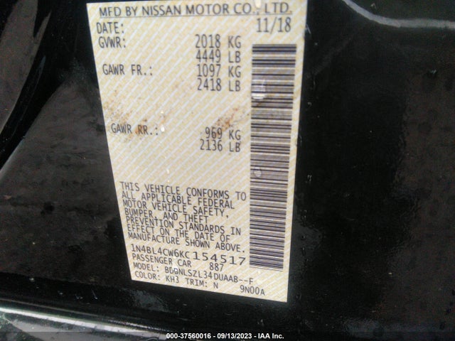 2019 NISSAN ALTIMA 2.5 SR VIN: 1N4BL4CW6KC154517
