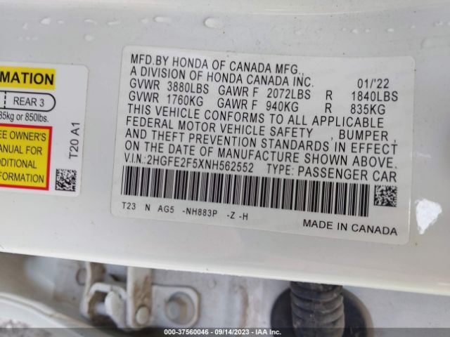 2HGFE2F5XNH562552 Honda Civic Sedan Sport