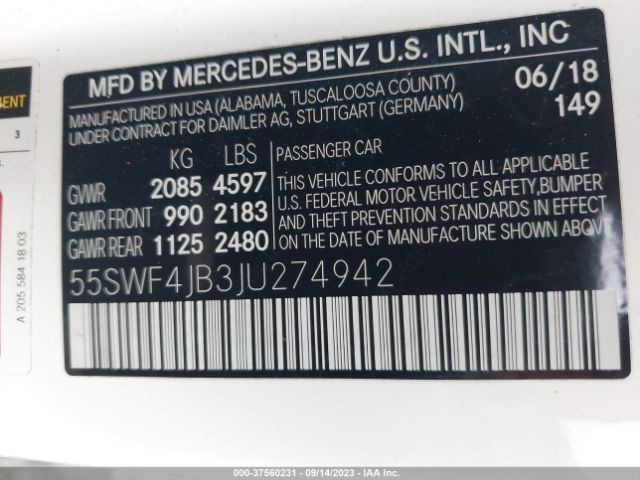 55SWF4JB3JU274942 Mercedes-Benz C-class C 300