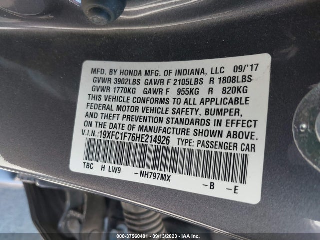 2017 HONDA CIVIC SEDAN EX-L VIN: 19XFC1F76HE214926