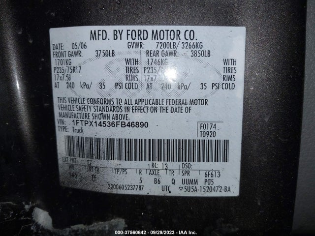 2006 FORD F-150 XLT/FX4/LARIAT/XL VIN: 1FTPX14536FB46890