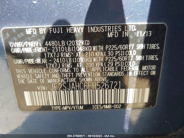2014 SUBARU FORESTER 2.5I LIMITED VIN: JF2SJAHC6EH526721