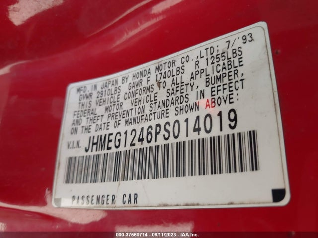 1993 HONDA CIVIC DEL SOL S VIN: JHMEG1246PS014019