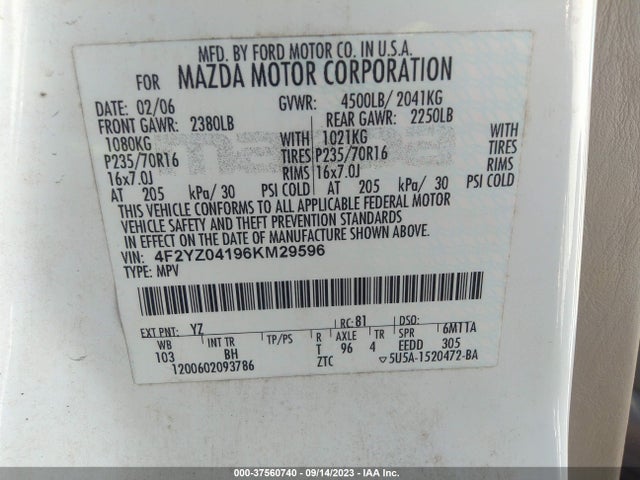 2006 MAZDA TRIBUTE S VIN: 4F2YZ04196KM29596