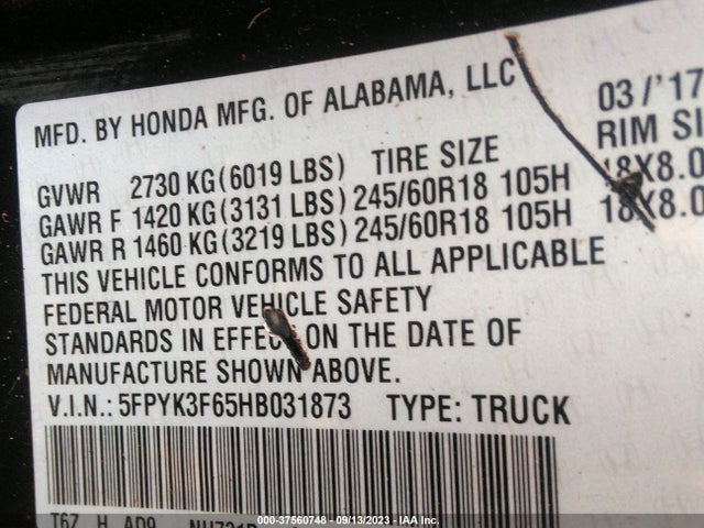 Honda Ridgeline Rtl-t 2017 5FPYK3F65HB031873 Image 9