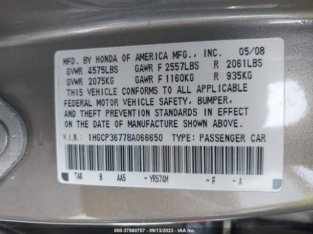 2008 HONDA ACCORD SDN EX VIN: 1HGCP36778A066650