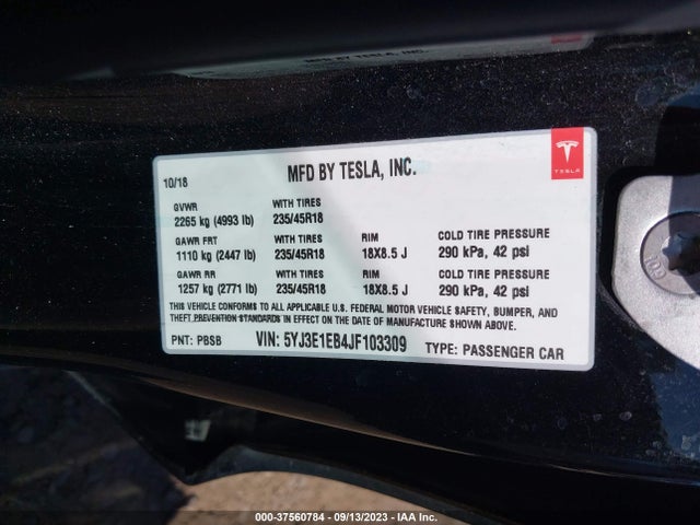 2018 Tesla 3, VIN: 5YJ3E1EB4JF103309