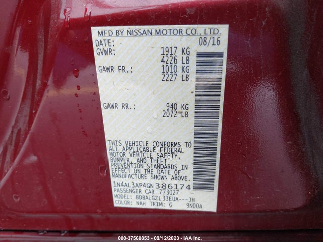 2016 NISSAN ALTIMA 2.5 S VIN: 1N4AL3AP4GN386174