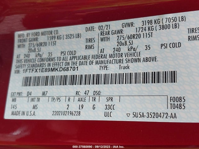 2021 FORD F-150 XL/XLT/LARIAT VIN: 1FTFX1E89MKD68701