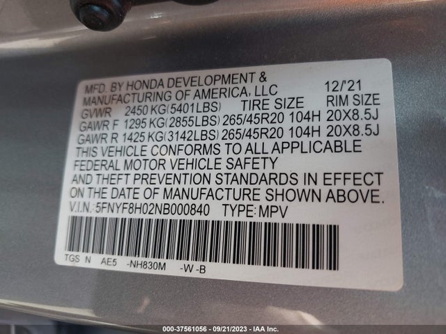 Honda Passport Elite 2022 5FNYF8H02NB000840 Image 9