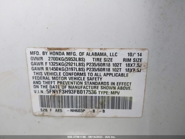 Honda Pilot Touring 2015 5FNYF3H93FB017536 Image 9