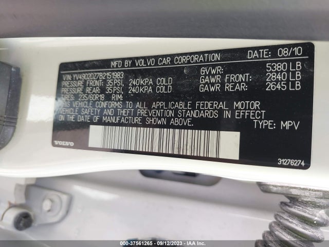 2011 VOLVO XC60 3.0T VIN: YV4902DZ7B2151983