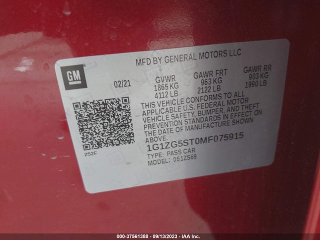 2021 CHEVROLET MALIBU RS VIN: 1G1ZG5ST0MF075915